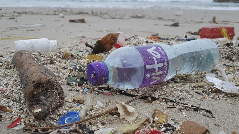 close-up photo of plastic water bottle and other trashes scattered in the shore
